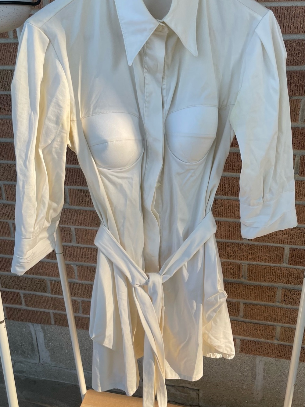 Cream Midi Shirt Dress with Contoured Bust and Tie Waist